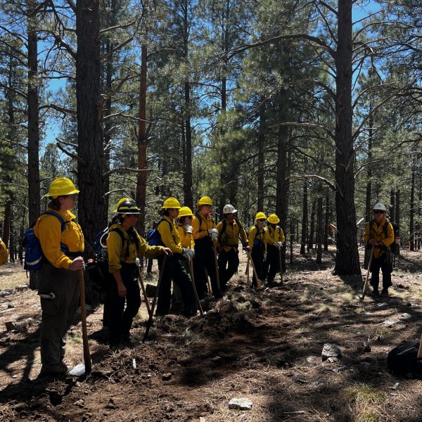 A group of women attend a Wildland Fire Training held by officials from the Coconino National Forest.